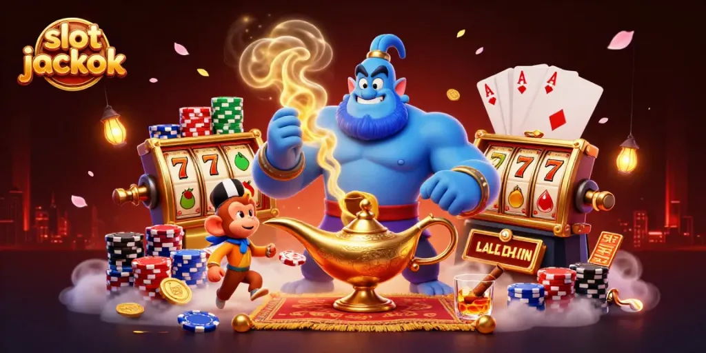 Memenangkan slot jackpot dengan karakter kasino yang energik dalam ilustrasi 3D yang penuh warna.