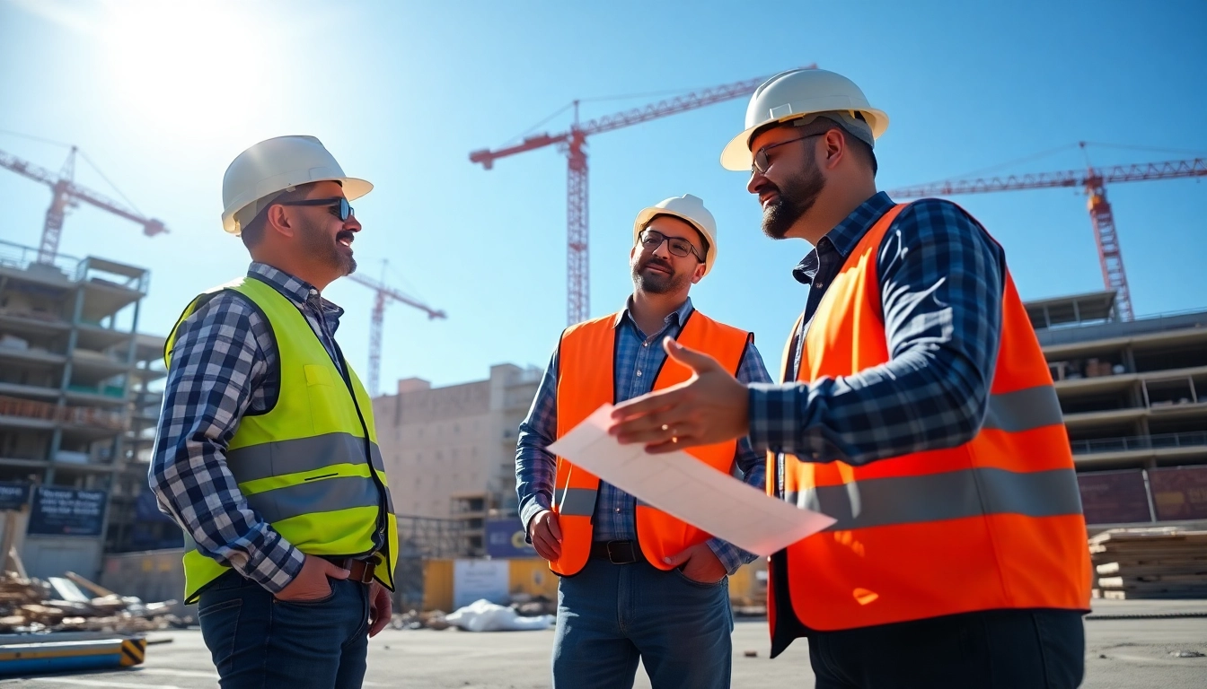 Manhattan General Contractor discussing project plans with clients at a construction site.