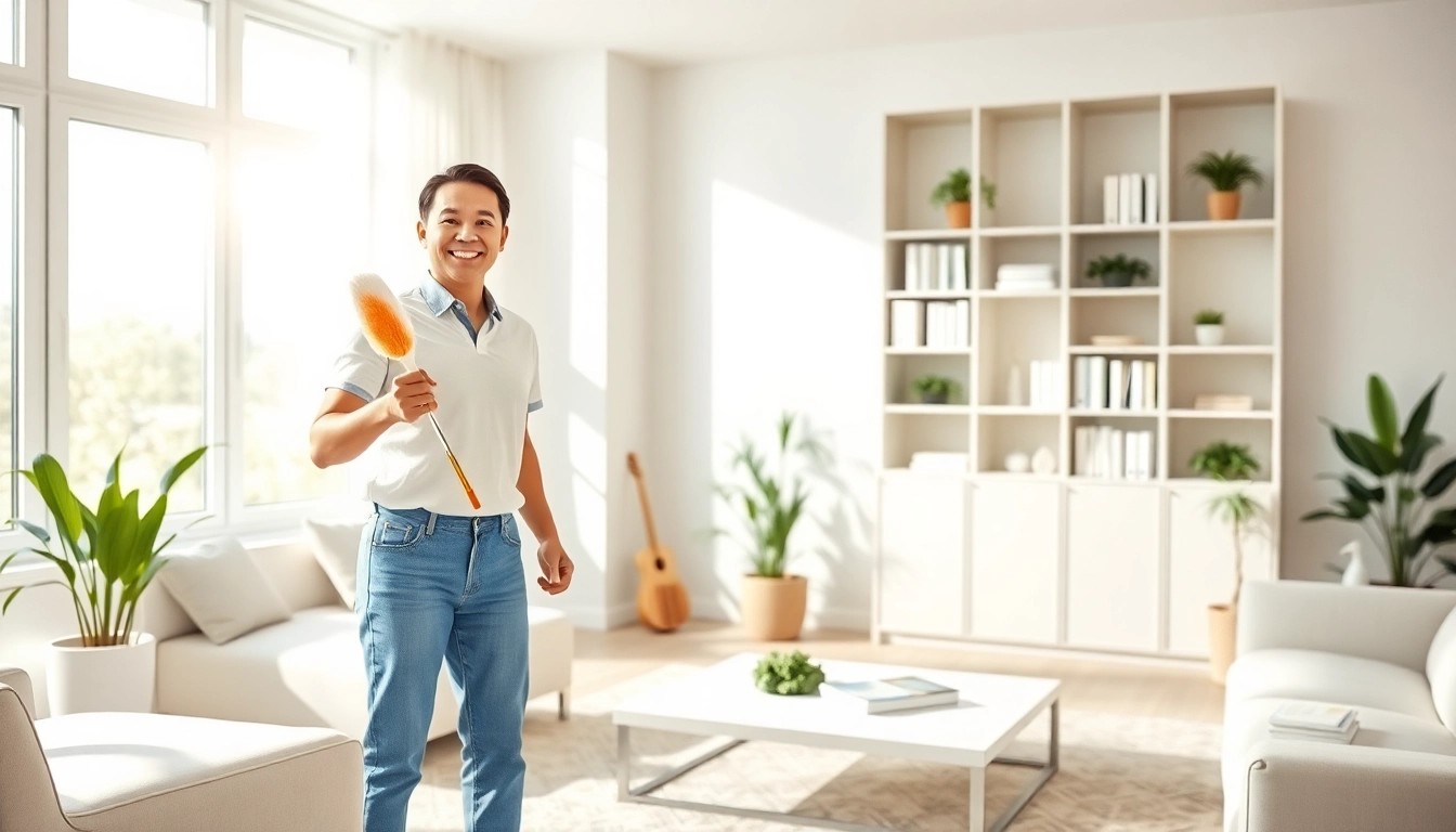 Cleaning services near me: Professional team brightening a home with pristine surfaces and happy faces.