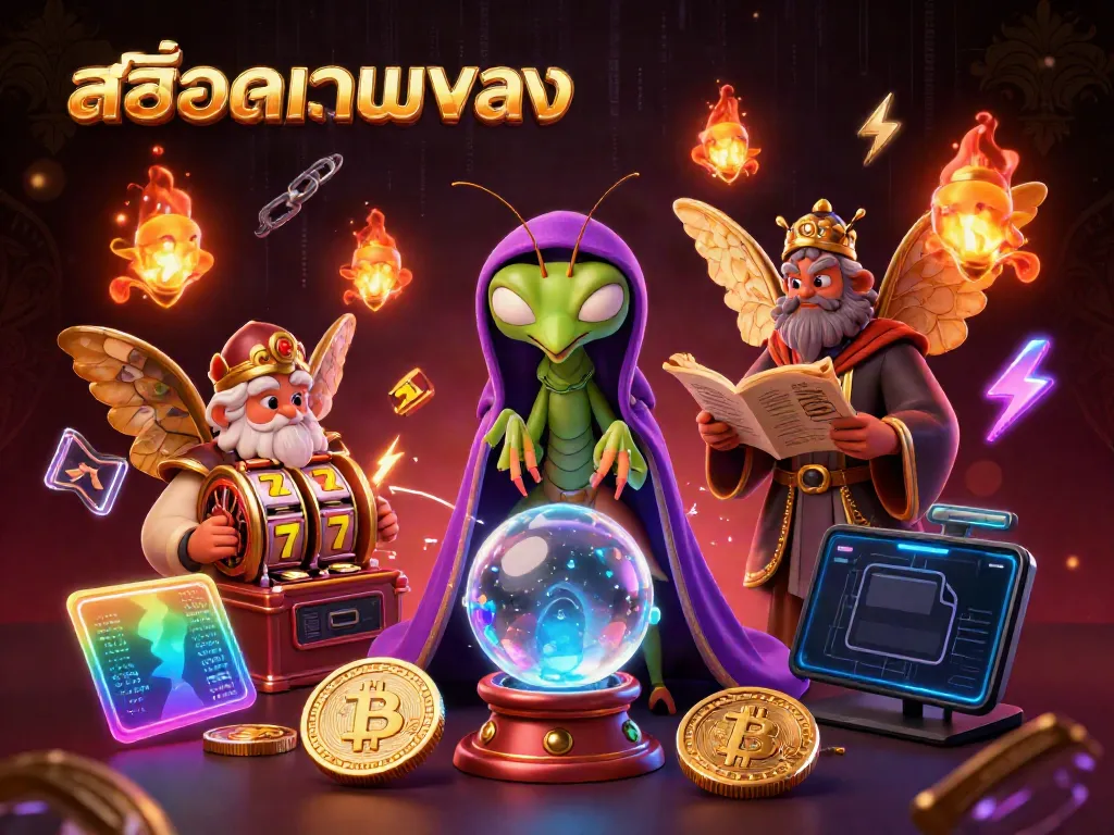 Engage with สล็อตเว็บตรง through a vivid 3D scene of characters predicting fortunes alongside slot elements.