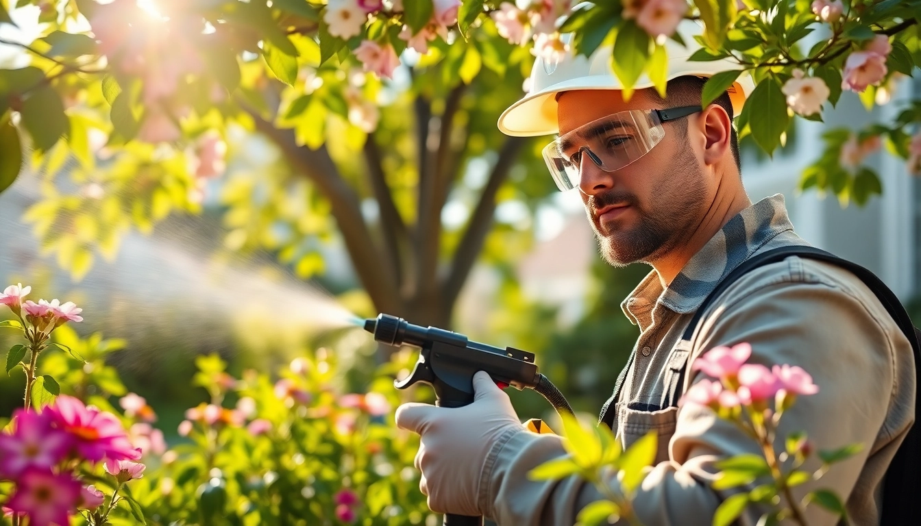 Technician delivering same day insect service in a vibrant garden, illustrating effective pest control.