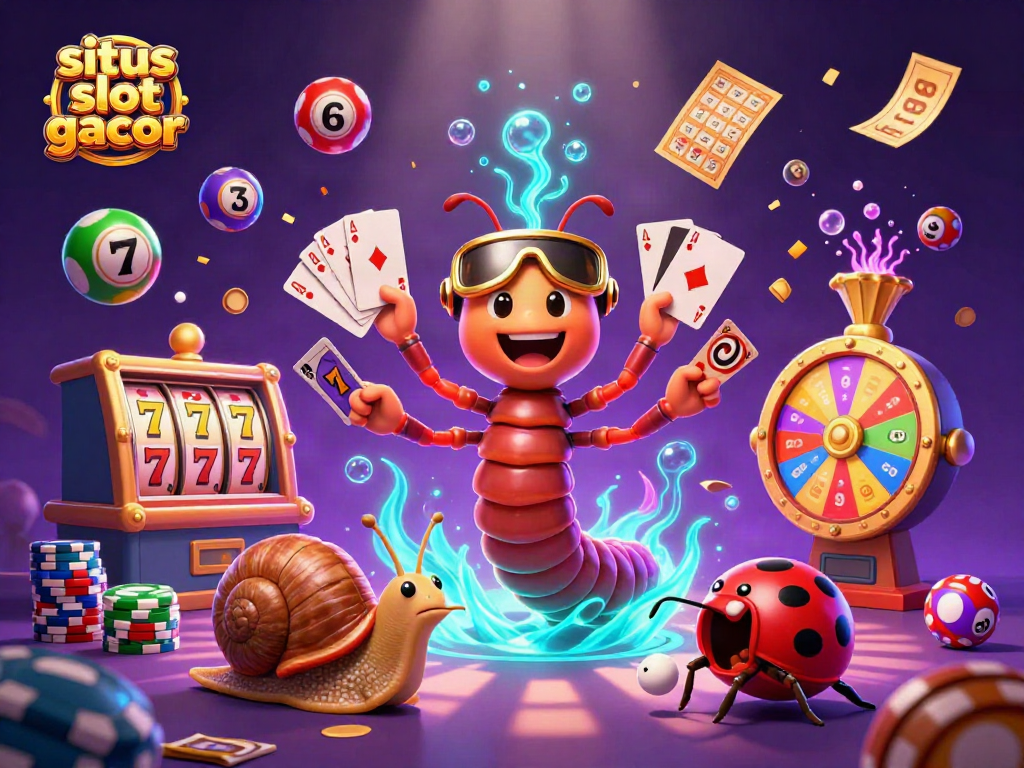 Situs slot gacor vibrant illustration featuring a millipede dealer and colorful casino elements.