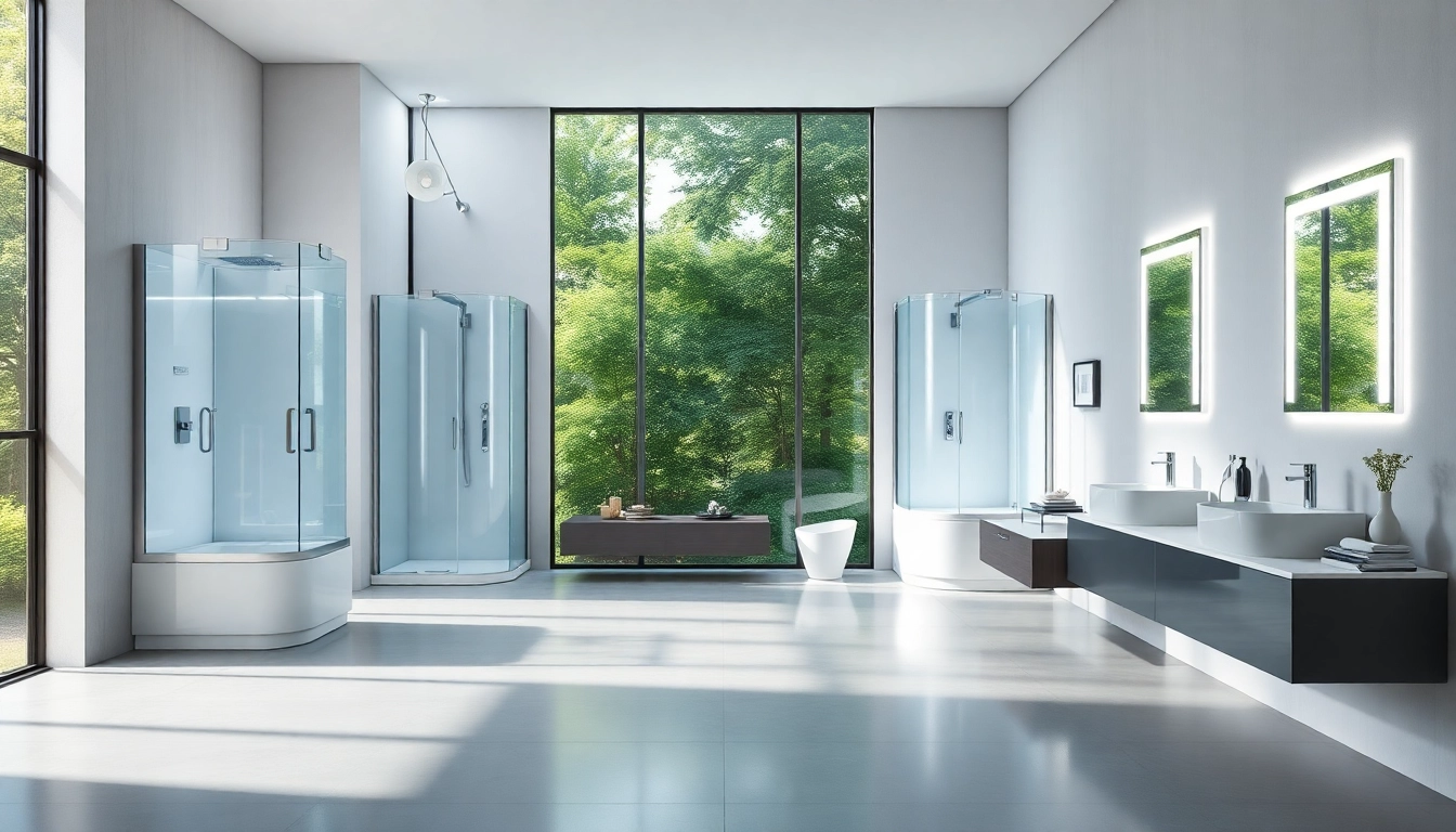 Illustrer les produits sirhona dans une salle de bain moderne avec des cabines et miroirs LED.