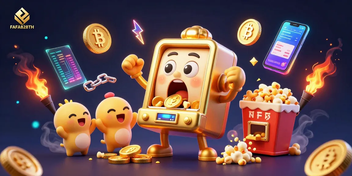 Experience the thrilling win of FAFA828TH as the golden slot machine hits a jackpot surrounded by coins and cheering machines.