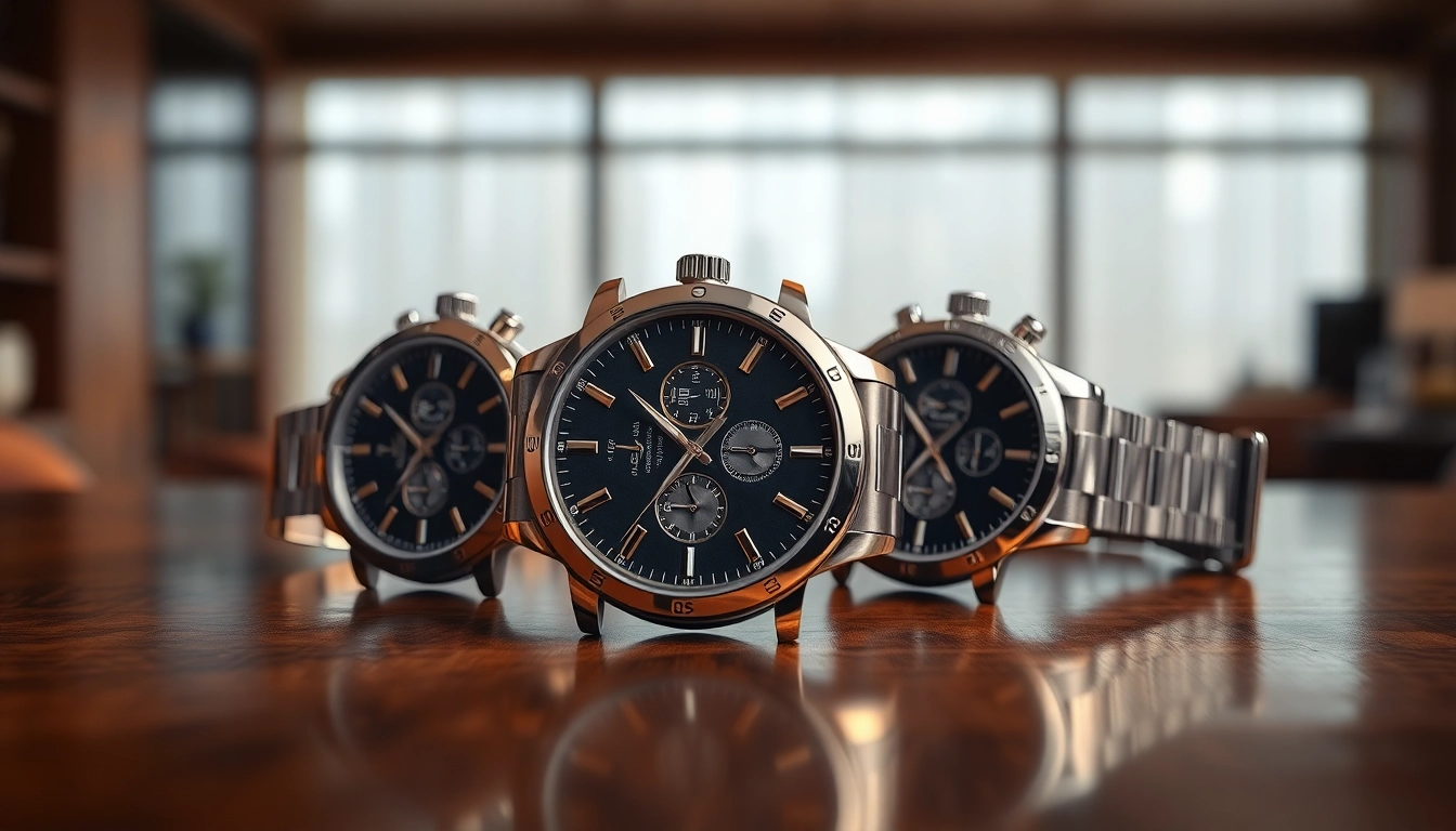 Admire the elegance and craftsmanship of super clone watches displayed on a sophisticated wooden table.