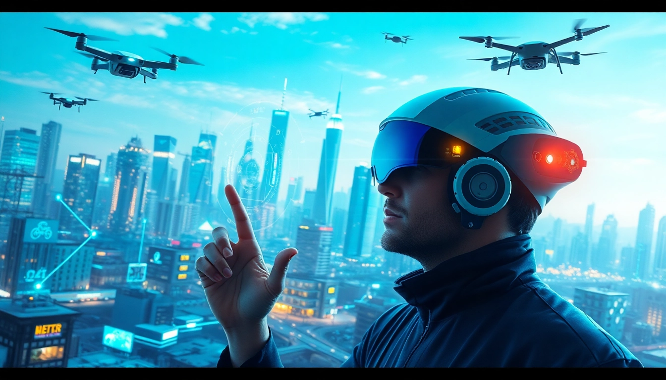 Innovative technology transforming urban living with holographic interfaces and advanced machinery.