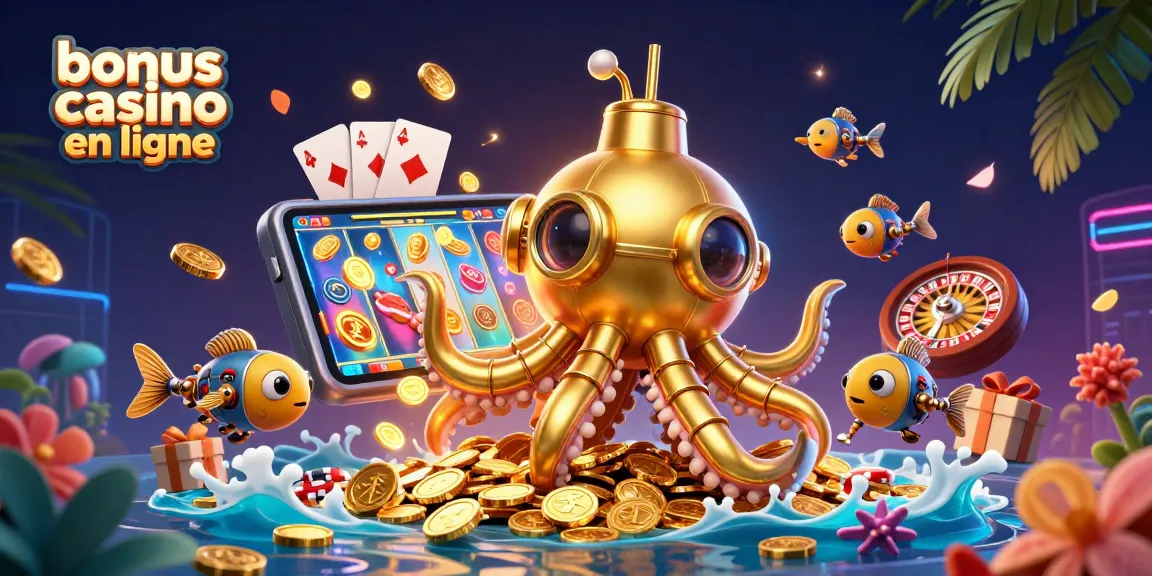 Une illustration 3D captivante illustrant le bonus casino en ligne, avec un kraken doré et des jeux de cartes.