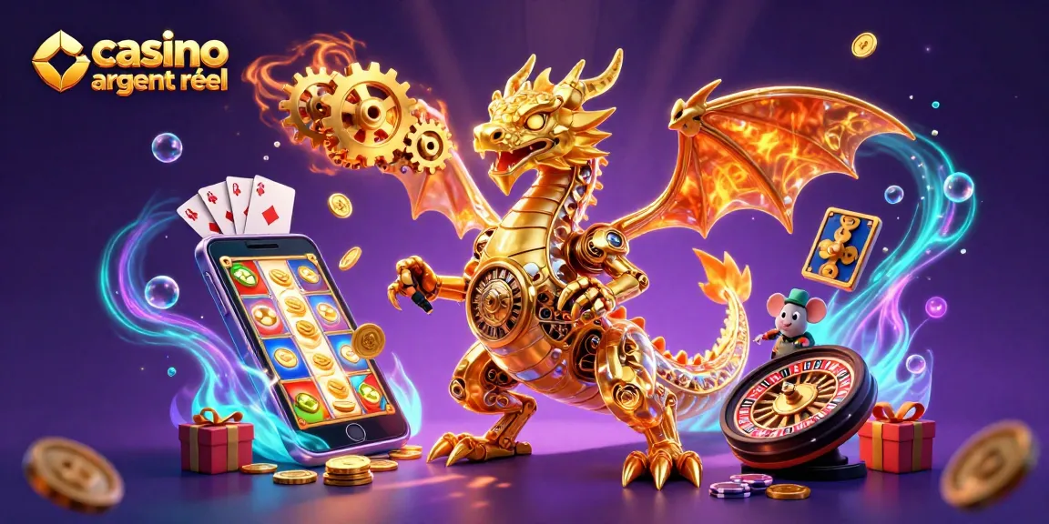 Profitez du casino en ligne argent réel avec un dragon mécanique et des éléments de jeu lumineux.