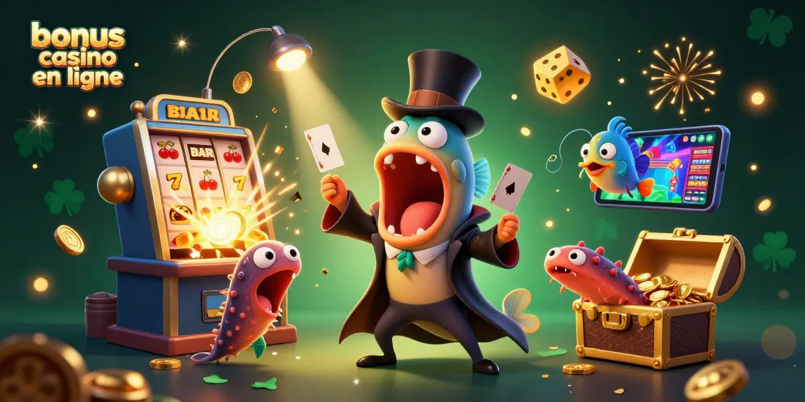Visualisez le bonus casino en ligne avec des personnages de casino animés et des éléments de jeu colorés.