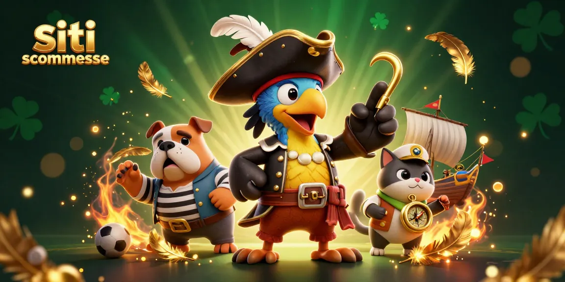 Scommetti nei migliori siti scommesse con personaggi di un capitano pirata e bulldog attorno a elementi sportivi.