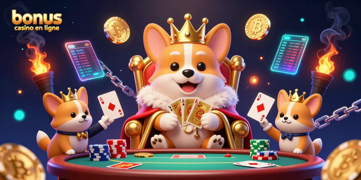 Promotion de bonus casino en ligne avec un corgi royal entouré de jeux de cartes et de jetons.