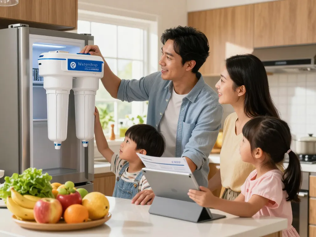 Family replacing Waterdrop WD-F19C Replacement for GE® RPWFE® water filter in a cozy kitchen setting.