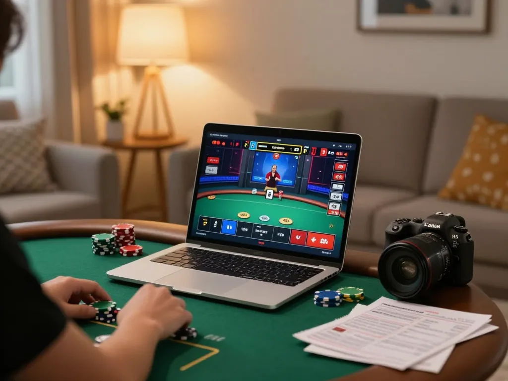 Engaging online poker gameplay on laptop, showcasing hidden wiki 2026 strategy notes and warm home atmosphere.