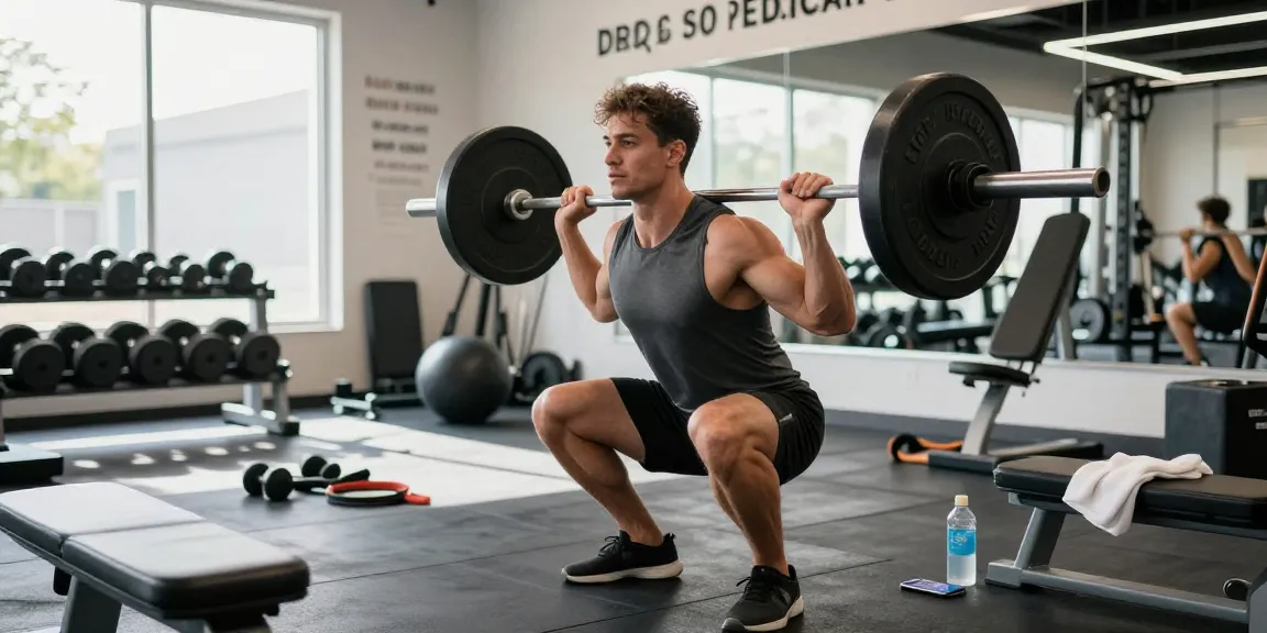 Dedicated athlete at Driada Medical Shop performing barbell squat exercise in modern gym