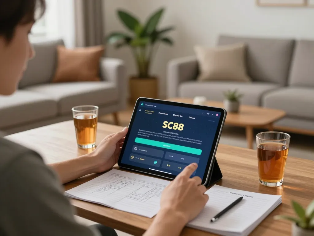 Engaging with the SC88 app for online gaming in a cozy home setup.