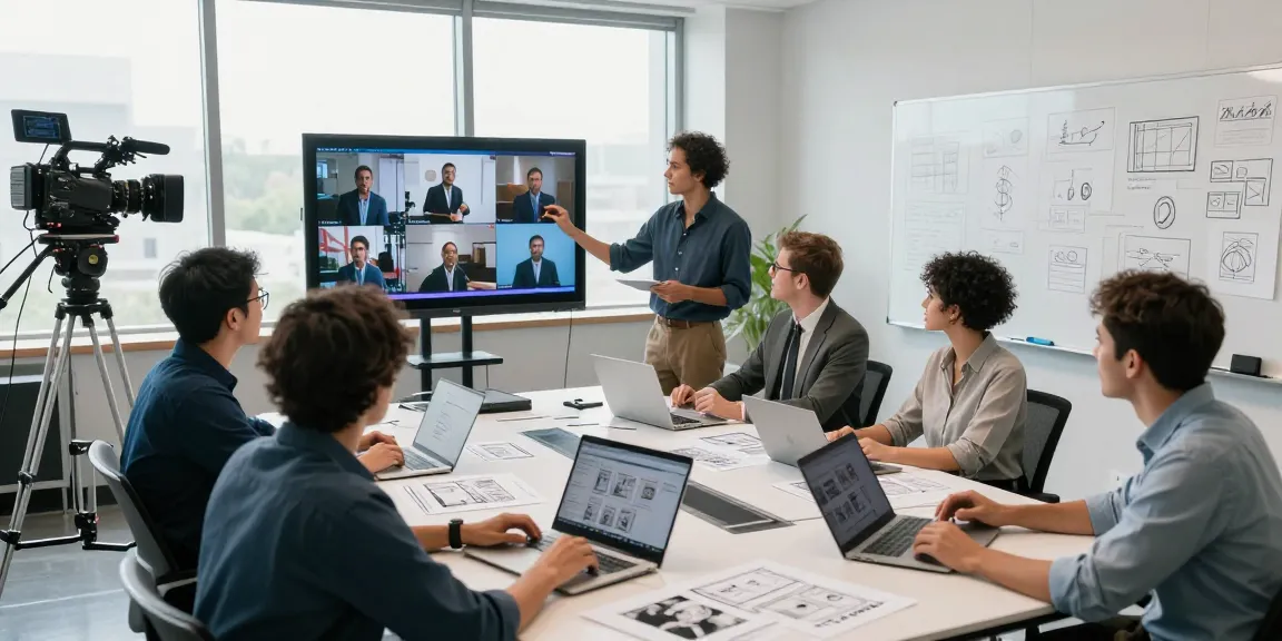 Engaging Singapore Corporate Video Production team collaborating and brainstorming in a modern studio environment.