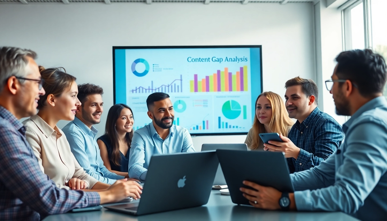 Analyze Content Gap Analysis with professionals examining data visuals in a collaborative office.