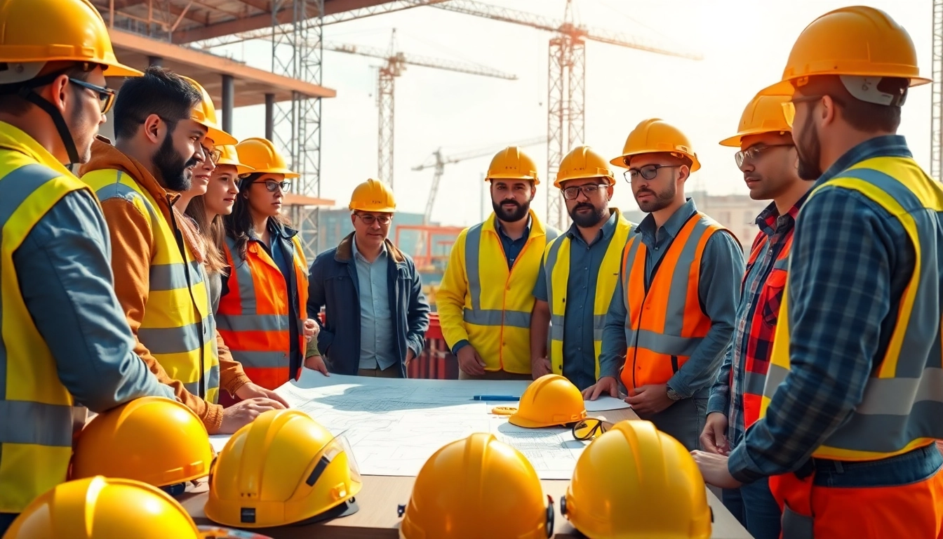 Engaged individuals participating in a construction safety training session, showcasing teamwork.