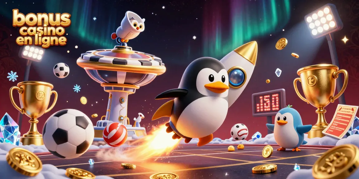 Explorez les options de bonus casino en ligne avec un pingouin doré et des éléments sportifs dynamiques.