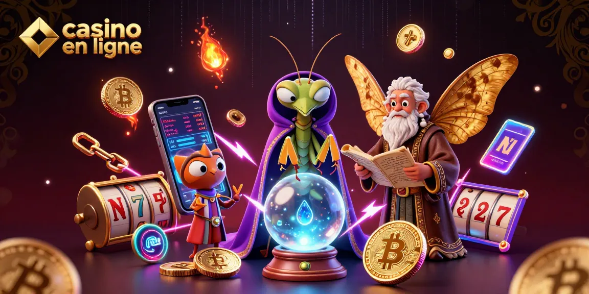 Jouez à casino en ligne avec une illustration haute en couleurs, mettant en scène un voyant et des symboles de jeu.