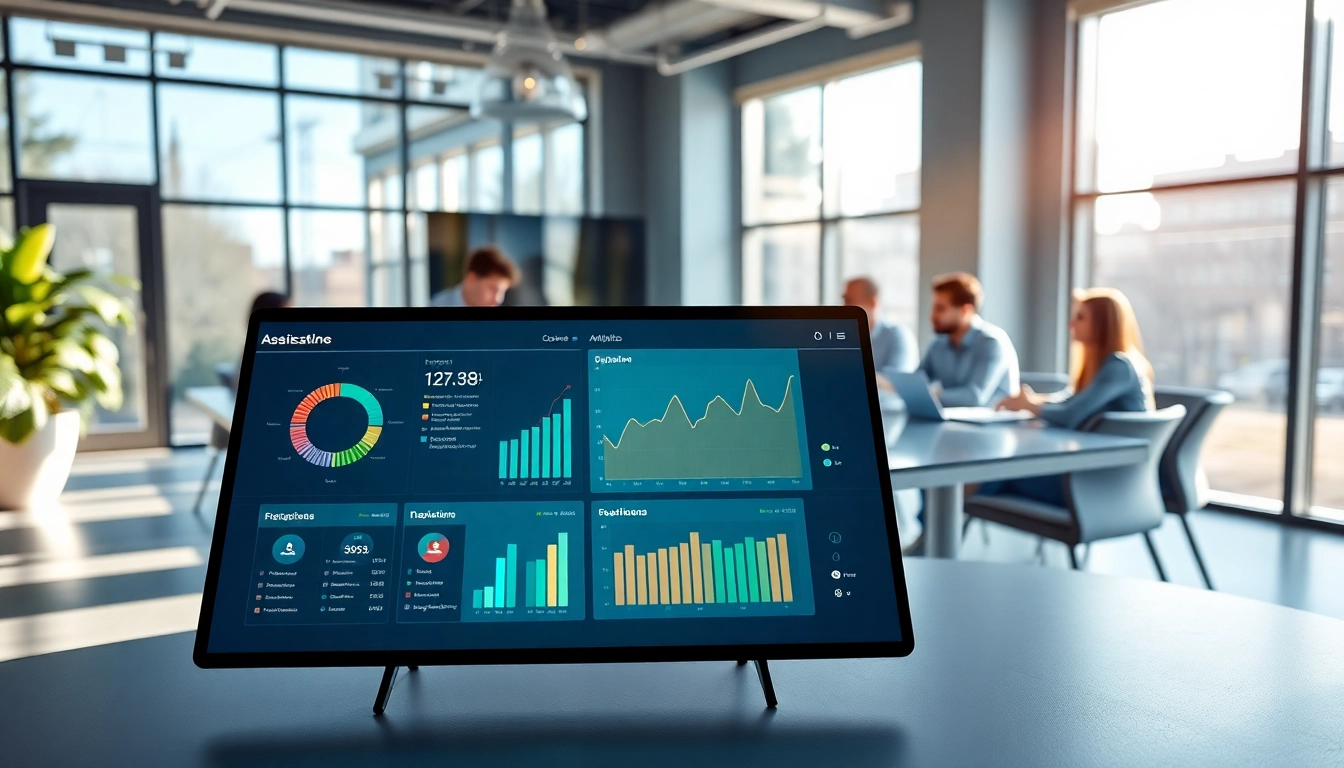 Engaging scene of an enterprise assistant interface in a professional workspace, showcasing collaboration and technology.