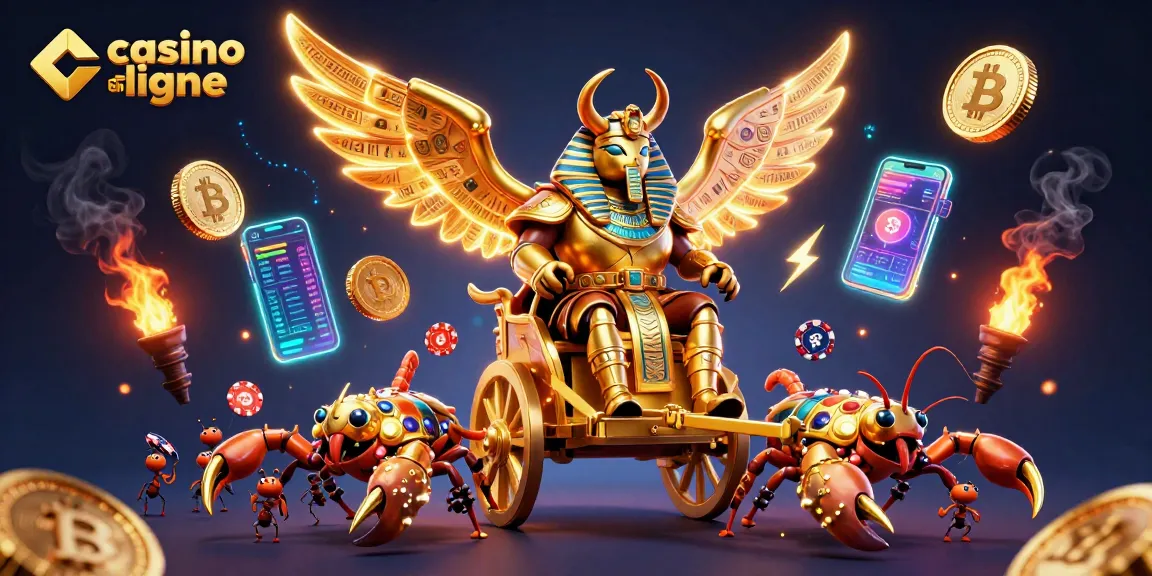 Le casino en ligne éblouissant avec un scarabée doré et des pièces de cryptomonnaies flottantes.