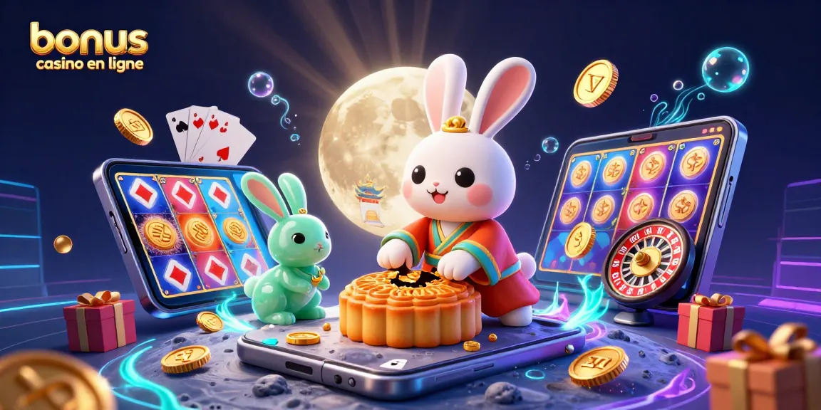 Profitez d'un bonus de casino en ligne avec un lapin de lune et des éléments de jeu animés.