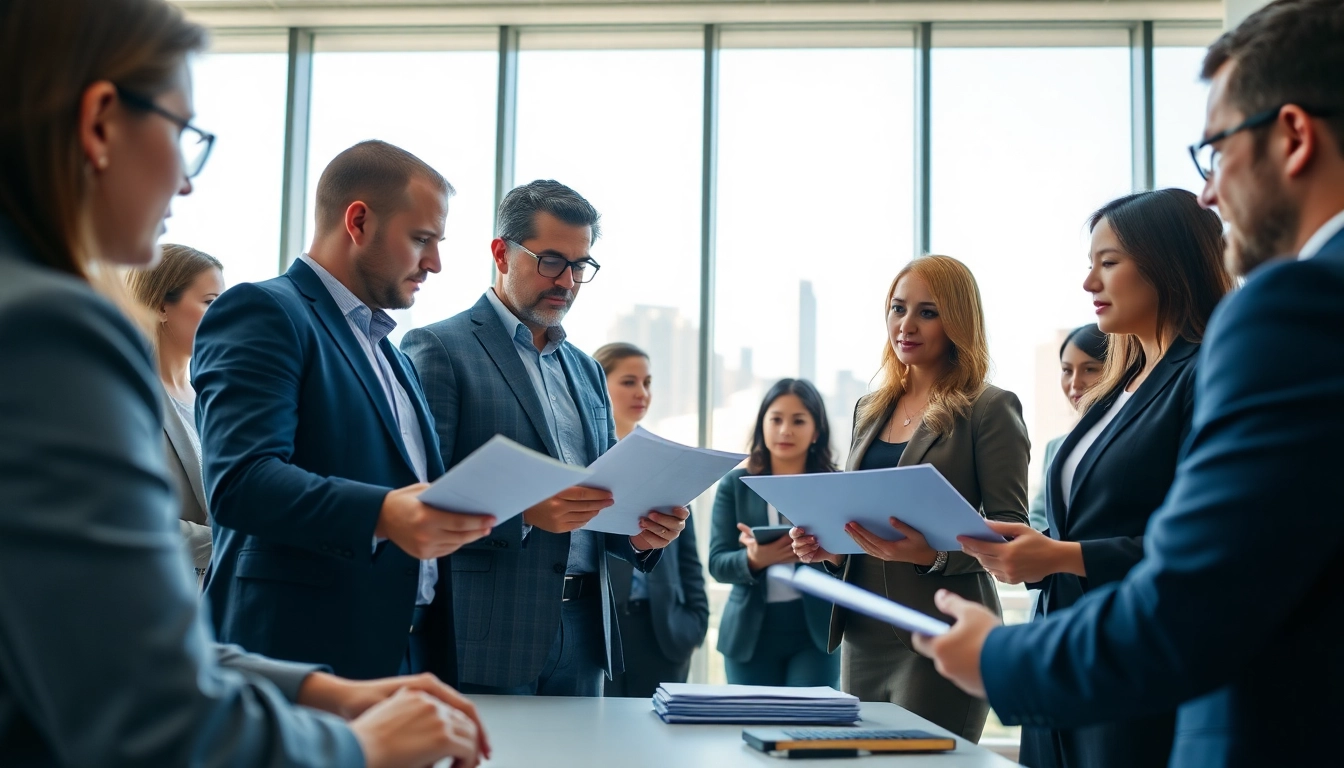 Collaborative review of Federal and State contracts by a team of professionals in a modern office.