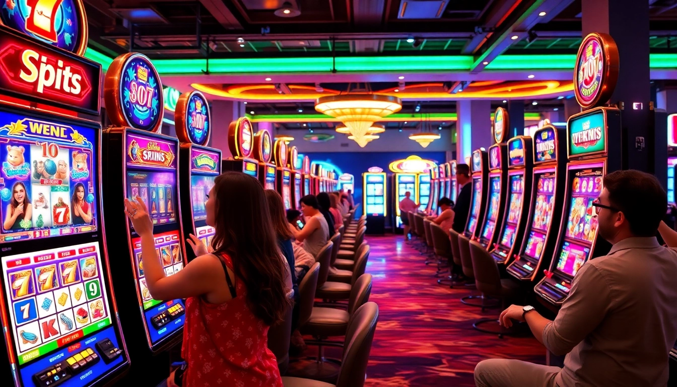 เล่นสล็อต 918kiss slot ในบรรยากาศคาสิโนที่สดใส แสดงภาพผู้เล่นที่มีความสุข