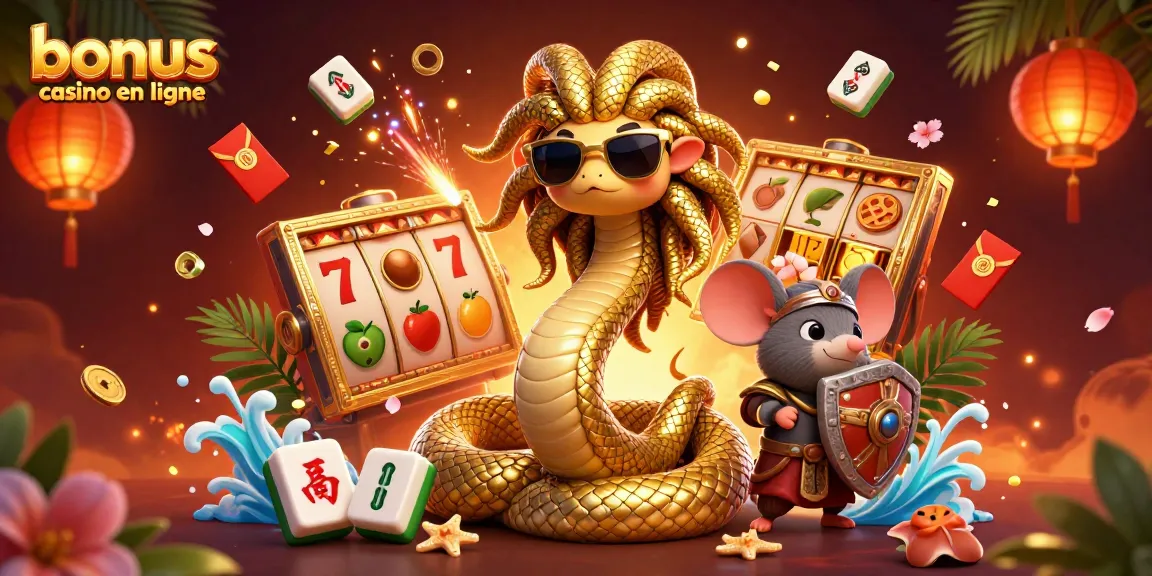 Illustration animée représentant Méduse et un guerrier souris pour promouvoir un bonus de casino en ligne.