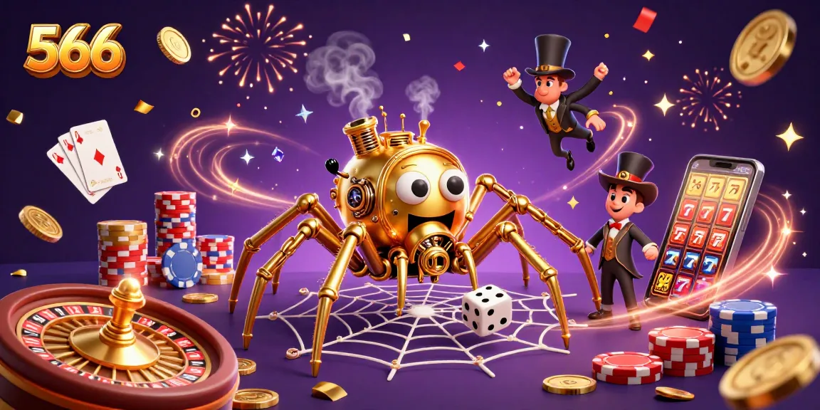 Engage in thrilling gambling at 566 with a vibrant scene depicting a golden spider webbing against a casino backdrop.
