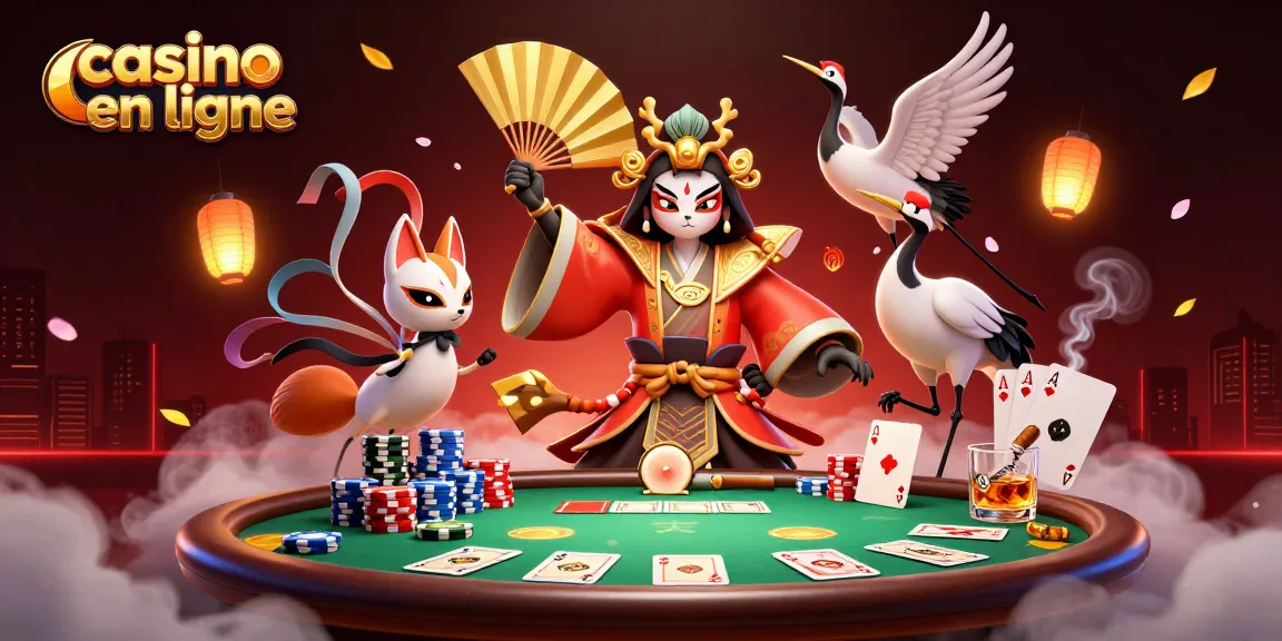 Des joueurs de casino en ligne s'affrontent autour d'une table de poker colorée avec des jetons.