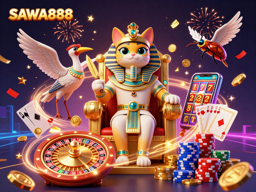 Experience thrilling gameplay with SAWA888's dynamic casino atmosphere featuring a pharaoh cat and gaming elements.