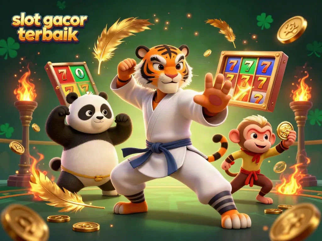 Mengakses slot gacor terbaik dengan kombinasi karakter kucing kung fu dan simbol mesin slot yang berwarna-warni.