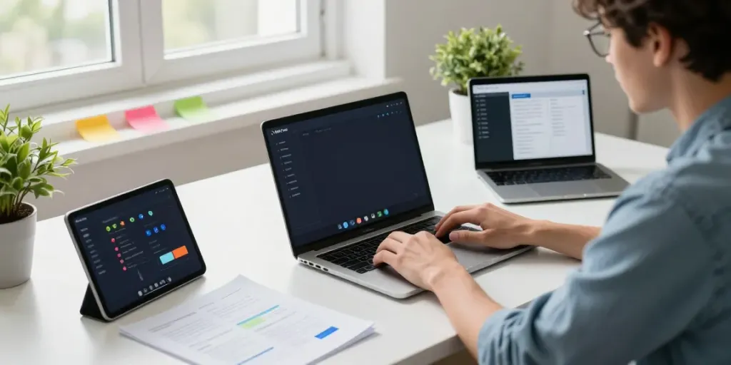 DM First APK download workspace with developer at laptop and mobile devices