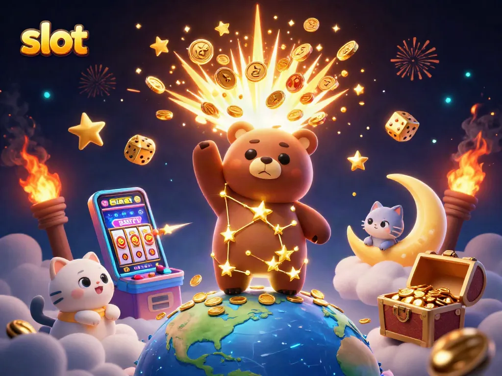 Experience the thrill of slot games with coins raining from a vibrant 3D slot machine scene.