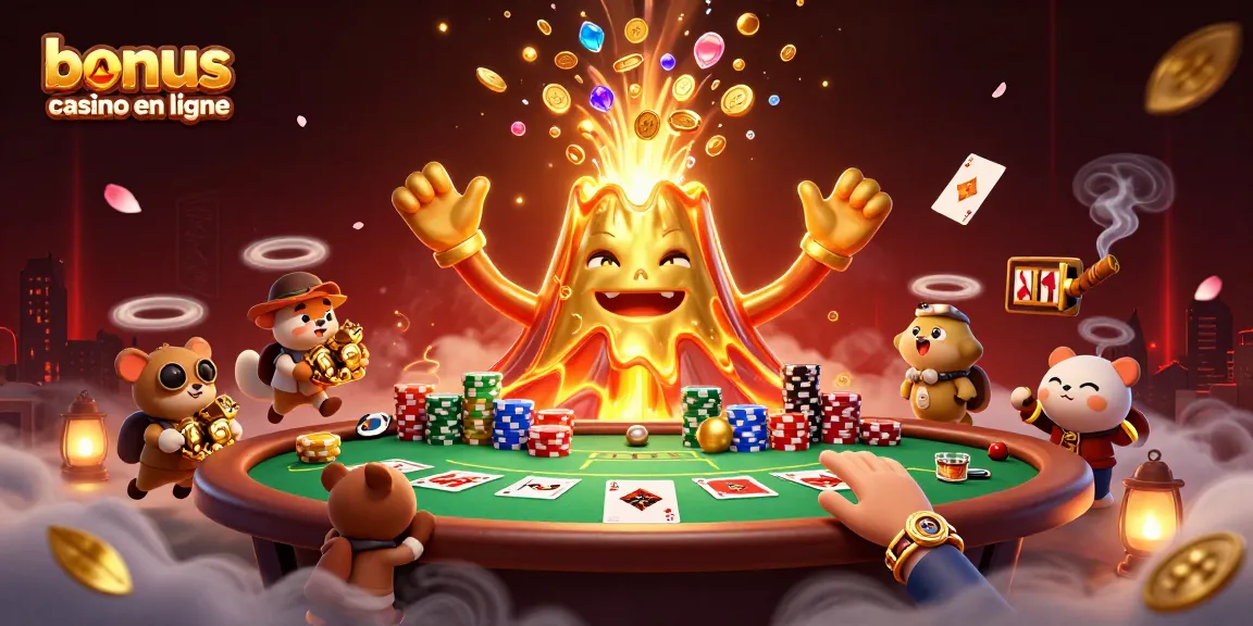 Illustration 3D de bonus de casino en ligne, volcans dorés et animaux explorateurs fuyant avec des trésors.