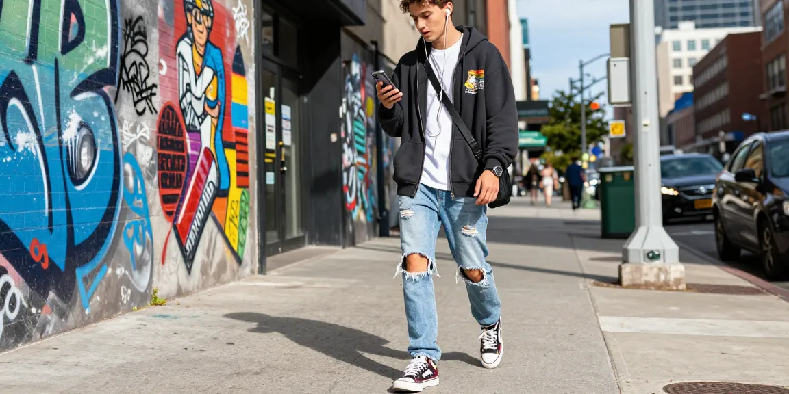 Young fashion enthusiast showcasing cika4d streetwear style against an urban backdrop.