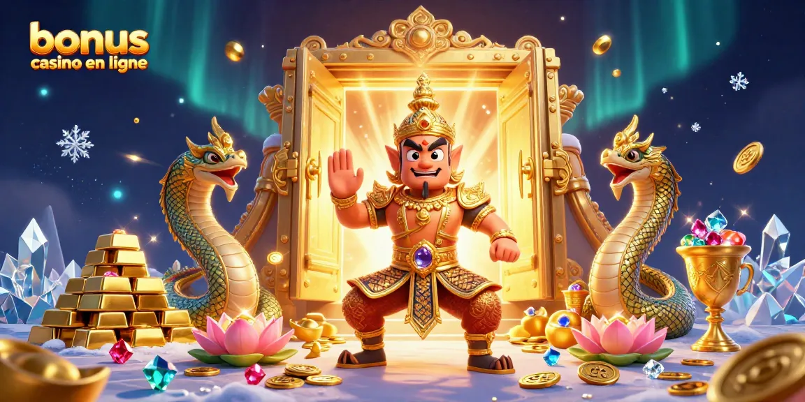 Gagnez des bonus casino en ligne avec une illustration captivante animée de gardiens thaïs et de trésors.