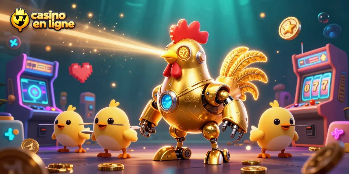 Scène dynamique de casino en ligne avec un robot coq doré et des drones suiveurs, entourés de machines à sous colorées.
