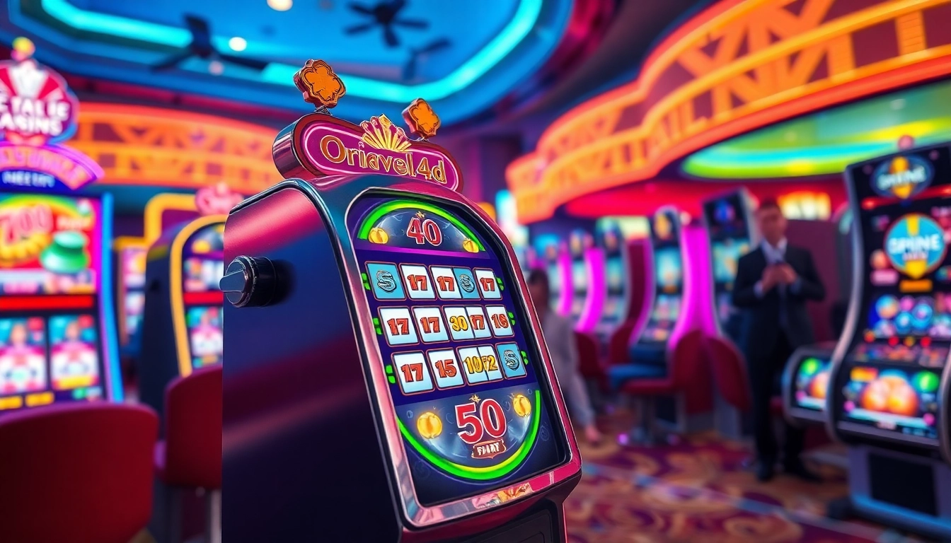 Putar ondel4d slot dengan mesin slot berwarna cerah di kasino yang meriah.