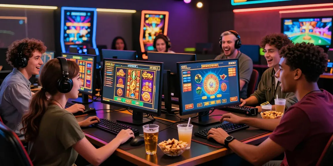 Friends excitedly playing slot games online in a modern gaming setup