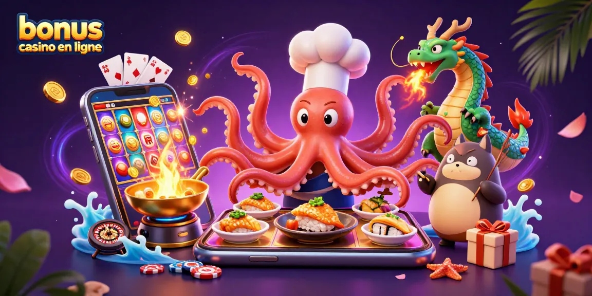 Illustration dynamique mettant en scène un bonus casino en ligne avec un chef sushi octopus et des éléments de jeu