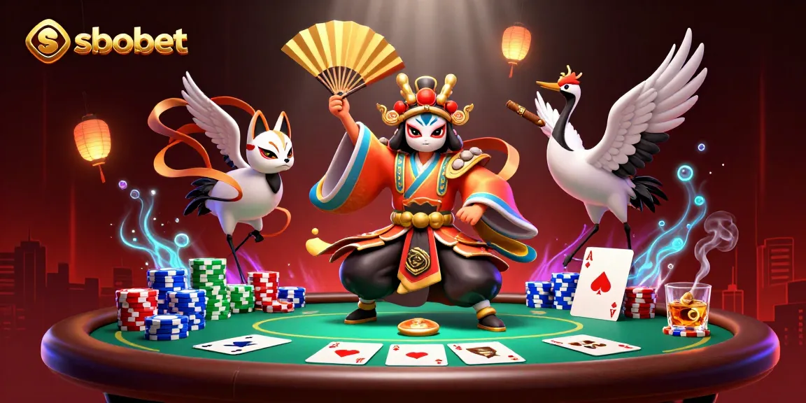 sbobet poker scene with kabuki warrior and kitsune mask amidst vibrant casino elements