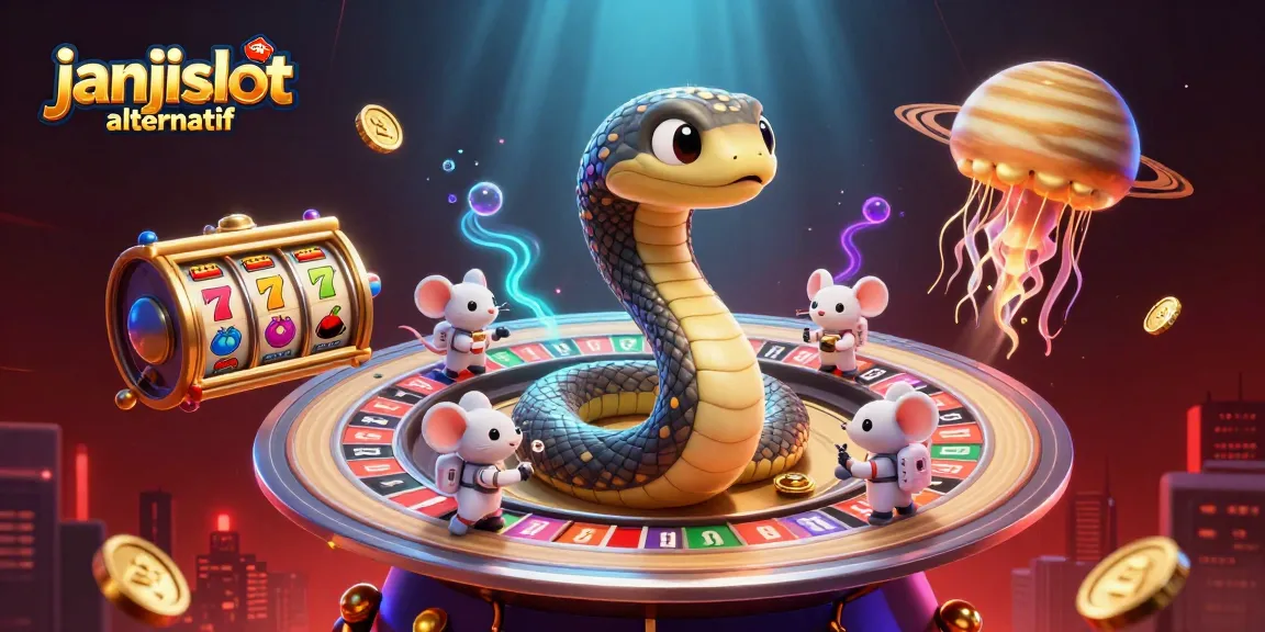 Engage with janjislot alternatif through a dynamic 3D casino scene featuring vibrant slot reels and cosmic characters.