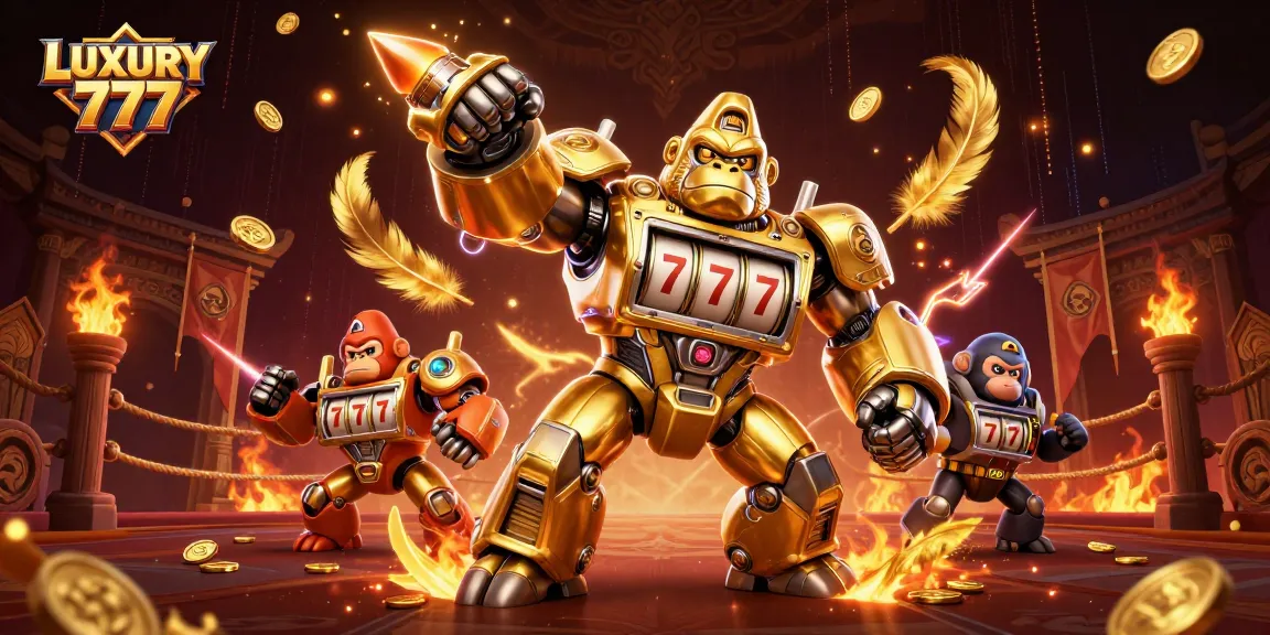 Menangkan jackpot di LUXURY 777 dengan gorila emas yang menggerakkan mesin slot.