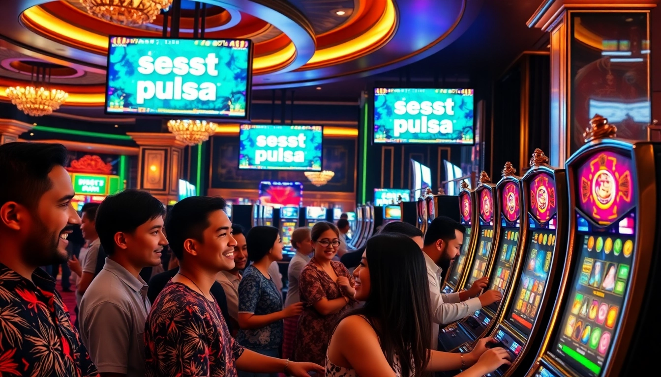 Pemain menikmati sensasi Slot Deposit Pulsa dengan mesin slot berwarna-warni di kasino mewah.