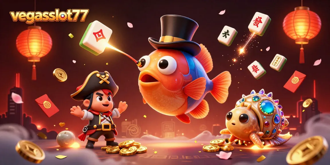 Play exciting games at vegasslot77 with cartoon characters attracting golden coins and festive decor