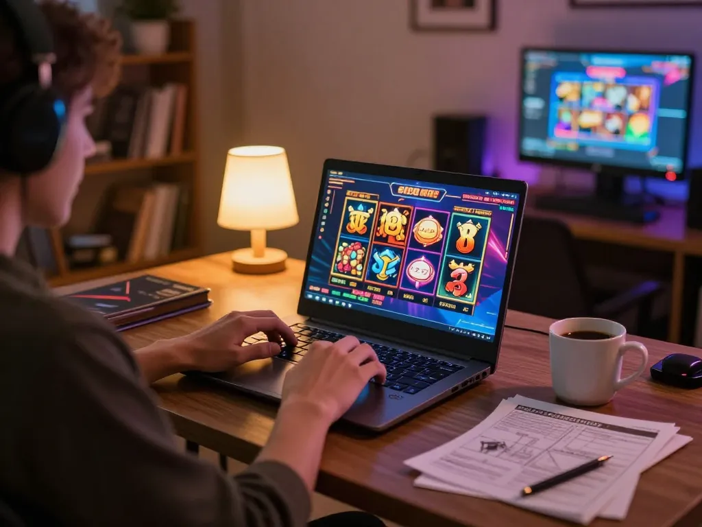 Engaging in สล็อต888 gameplay session at home with a laptop and strategy notes.
