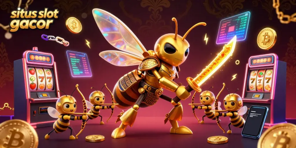 Situs slot gacor menampilkan karakter unik dalam pertempuran sambil memutar mesin slot yang penuh kemenangan.